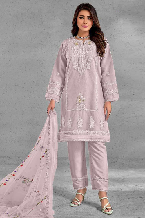Mauve Organza Trouser Suit With Zari Work For Diwali