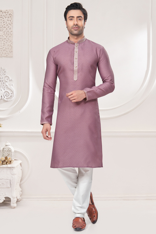 Mauve Pink Art Silk Embroidered Men's Kurta Pajama For Festival