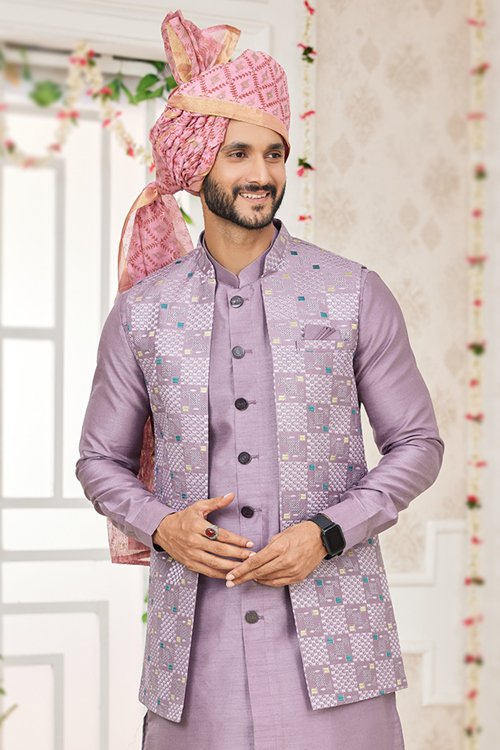 Mauve Pink Art Silk Embroidered Men's Nehru Jacket