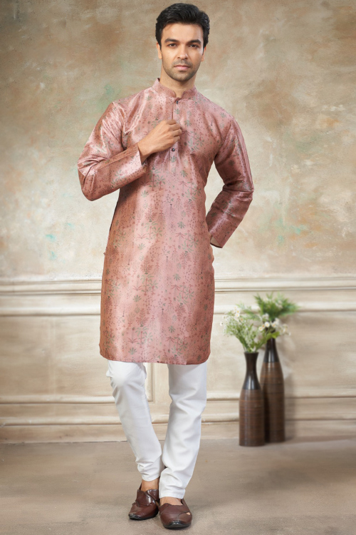 Mauve Pink Art Silk Men's Kurta Pajama With Printed Work