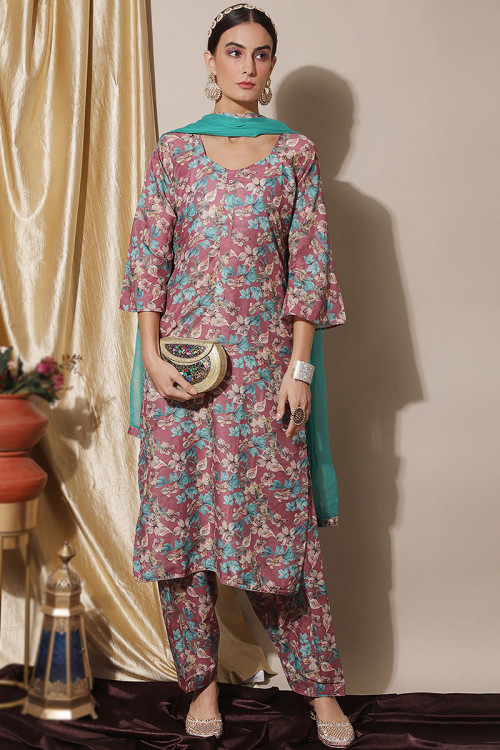 Mauve Pink Casual Wear Cotton Floral Print Salwar Suit 