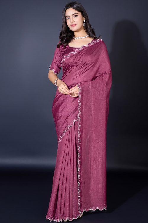 Mauve Pink Chanderi Silk Saree with Pearl Work for Diwali Wear