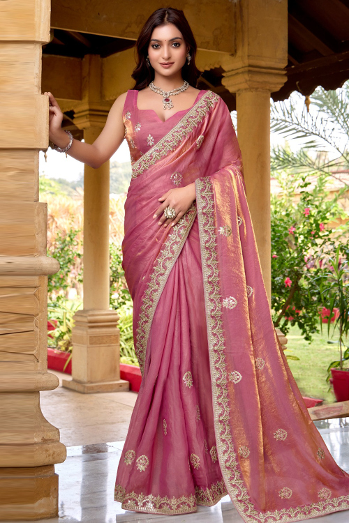 Mauve Pink Chiffon Embroidered Shimmer Saree 