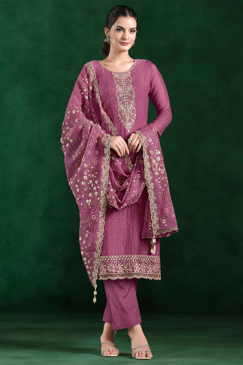 Mauve Pink Chiffon Stone Straight Cut Trouser Suit 