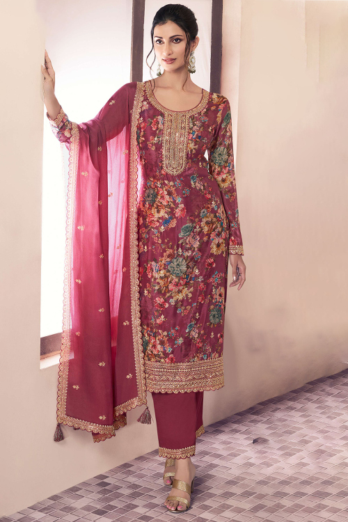 Mauve Pink Chinnon Embroidered Straight Cut Trouser Suit