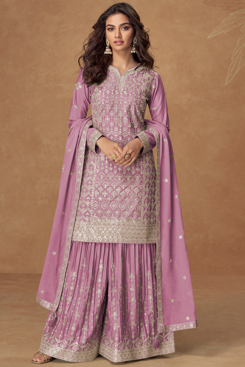 Mauve Pink Chinnon Zari Straight Cut Sharara Suit