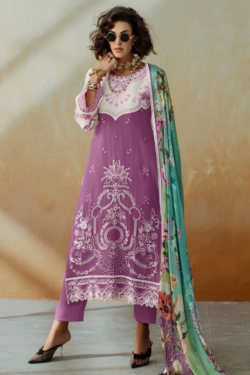Mauve Pink Cotton Resham Thread Straight Cut Trouser Suit 