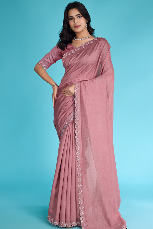 Mauve Pink Cotton Saree with Pearl Work for Diwali Festival