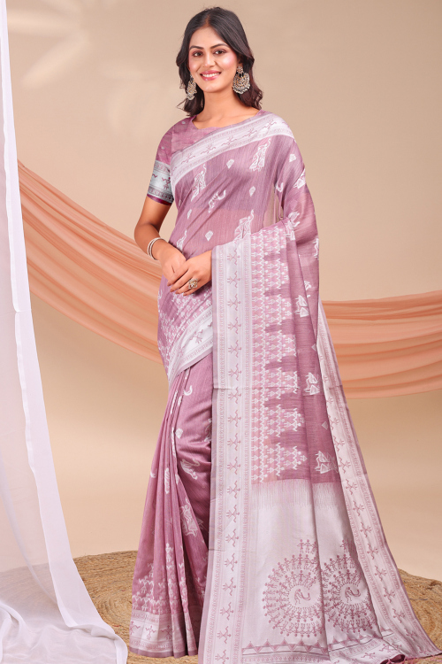 Mauve Pink Cotton Saree With Woven Zari Work For Casual Wear