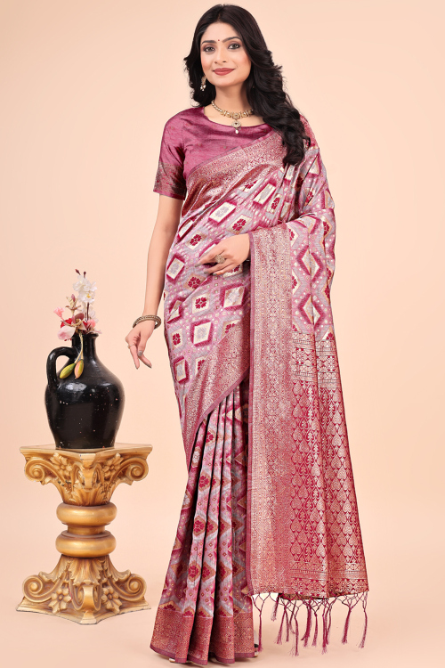 Mauve Pink Cotton Silk Weaved Zari Broad Border Saree 