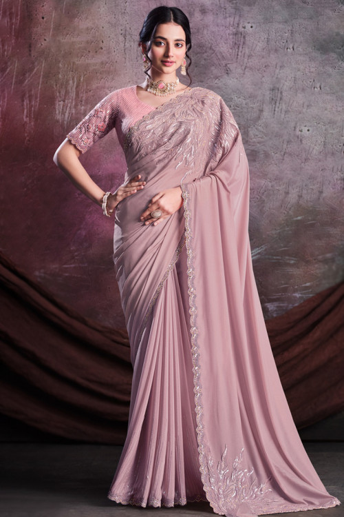 Mauve Pink Crepe Sequins Embroidered Sangeet Saree