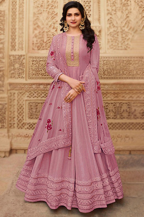 Mauve Pink Embroidered Soft Silk Wedding Anarkali Suit for Sangeet