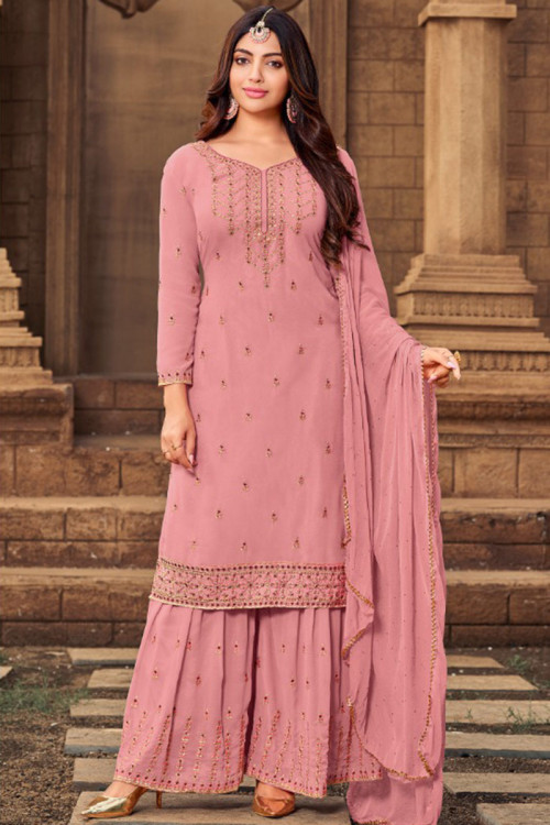 Blush Pink Georgette Embroidered Sharara Suit