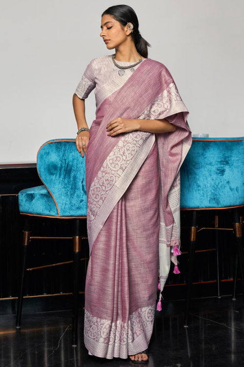 Mauve Pink Linen Festive Wear Woven Saree