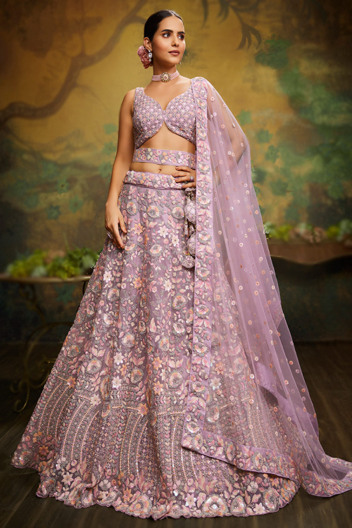Mauve Pink Net Dori Embroidered Panelled Style Lehenga