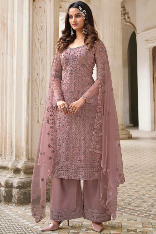 Mauve Pink Net Embroidered Palazzo Suit