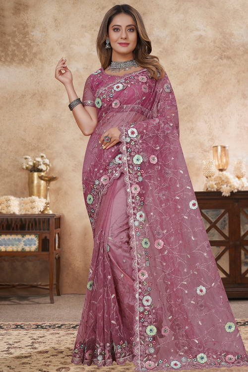 Mauve Pink Net Embroidered Saree For Wedding