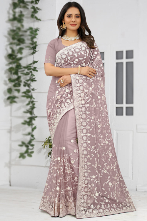 Mauve Pink Net Embroidered Saree