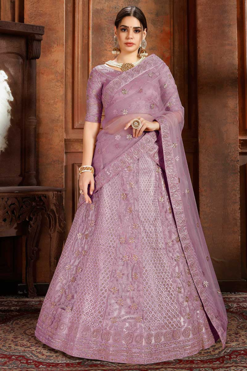 Mauve Pink Net Lehenga Choli With Resham Work
