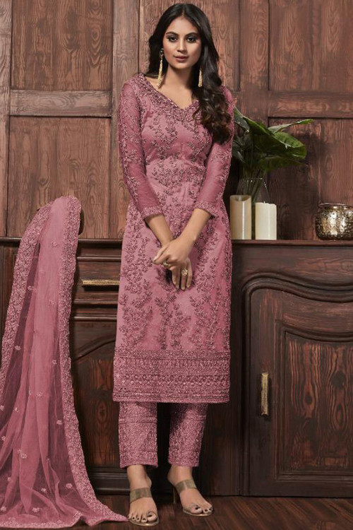 Mauve Pink Net Embroidered Eid Trouser Suit