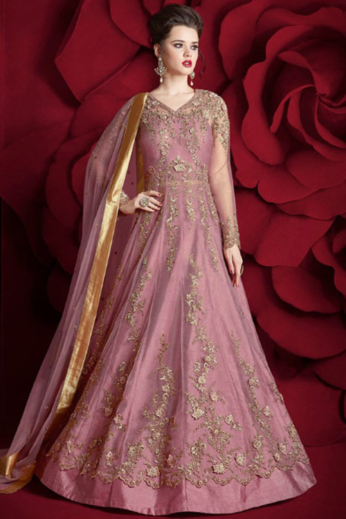 Mauve Pink Net Wedding Anarkali Suit With Zari Work
