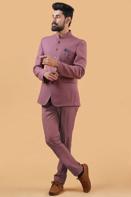 Mauve Pink Plain Viscose Men's Jodhpuri Coat Pant