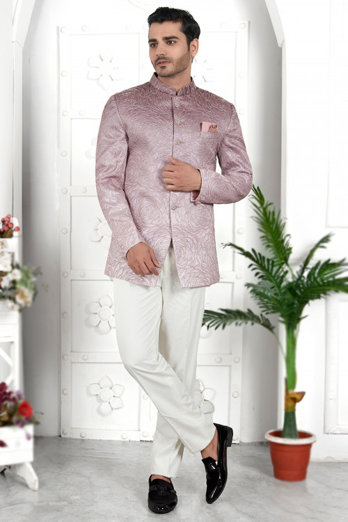 Mauve Pink Silk Dori Embroidered Jodhpuri Style Men's Sherwani