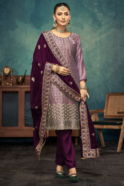 Mauve Pink Silk Embroided Straight Cut Trouser Suit 