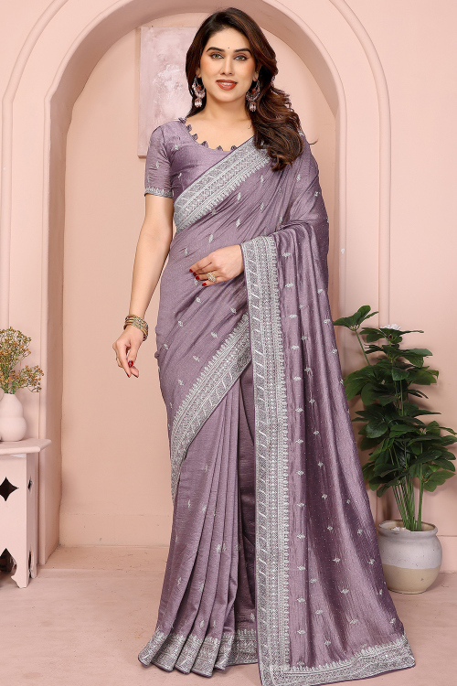Mauve Pink Soft Silk Saree With Stone Work For Festival