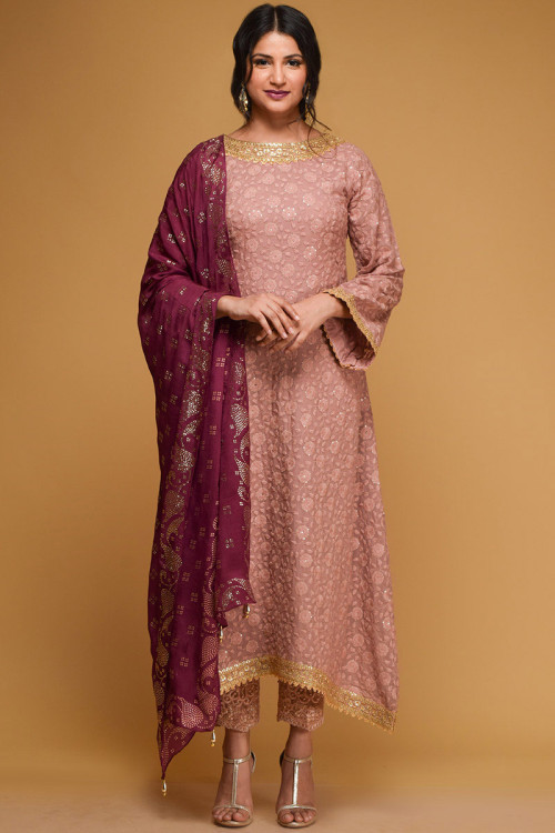 Mauve Pink Thread Work Embroidered Georgette Eid Anarkali Suit