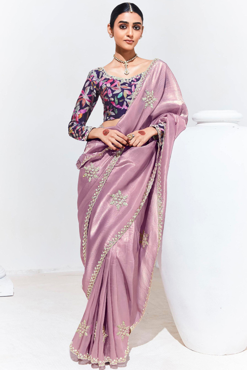 Mauve Pink Tissue Dori Embroidered Party Wear Saree 