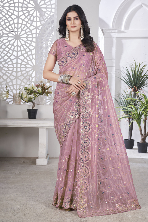 Mauve Pink Tissue Embroidered Light Weight Saree
