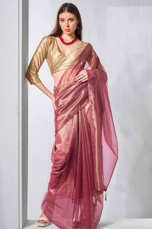 Mauve Pink Tissue Plain Light Weight Saree