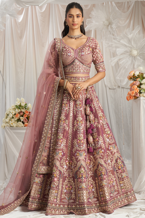 Mauve Pink Tissue Silk Embroidered Wedding Wear Lehenga