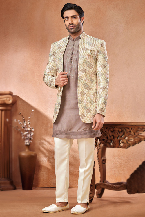 Mauve Rose Silk Men's Kurta Pajama With Embroidered Jacket