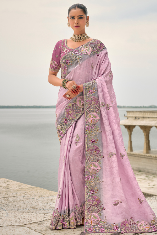 Mauve Silk Blend Embroidered Heavy Saree