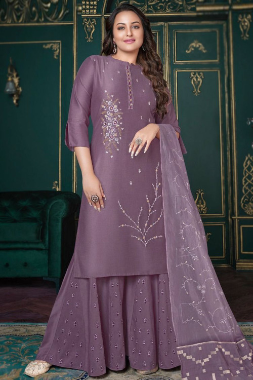 Sharara Suit in Mauve Mauve Silk for Party Wear with Sequins Work