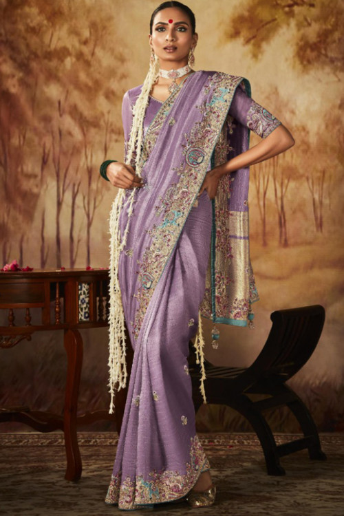 Mauve Silk Resham Embroidered Heavy Saree