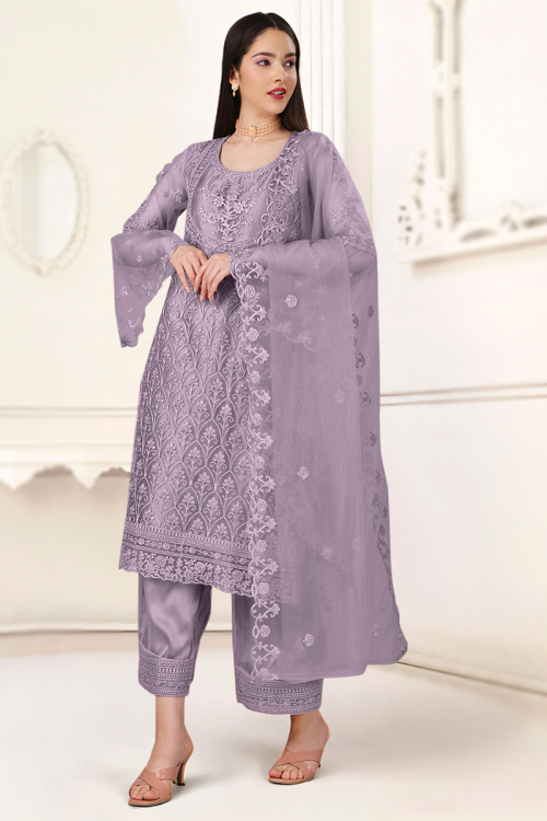 Mauve Stone Embroidered Net Straight Cut Suit 
