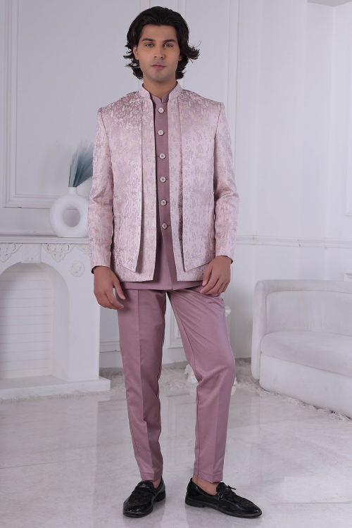 Mauve Taupe Art Silk Jodhpuri Men's Sherwani With Weaved Jacket