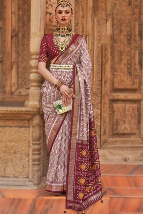 Mauve Taupe Art Silk Printed Broad Border Saree 