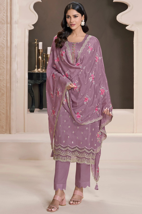 Mauve Taupe Art Silk Trouser Suit With Zari Work For Diwali