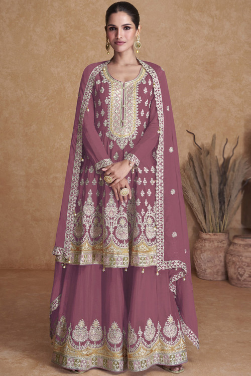 Mauve Taupe Chinnon Embroidered Frock Style Sharara Suit 