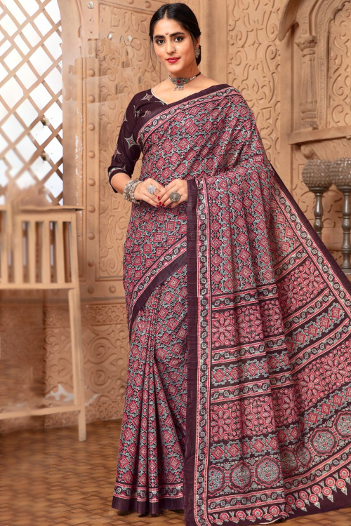 Mauve Taupe Cotton Printed Light Weight Saree 