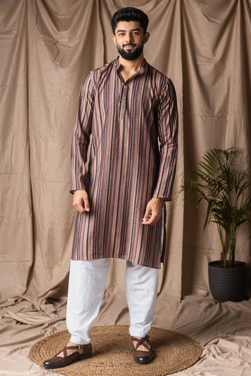 Mauve Taupe Cotton Silk Printed Men's Straight Cut Kurta Pajama