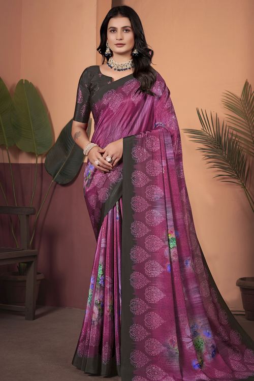 Mauve Taupe Crepe Saree With Printed Work