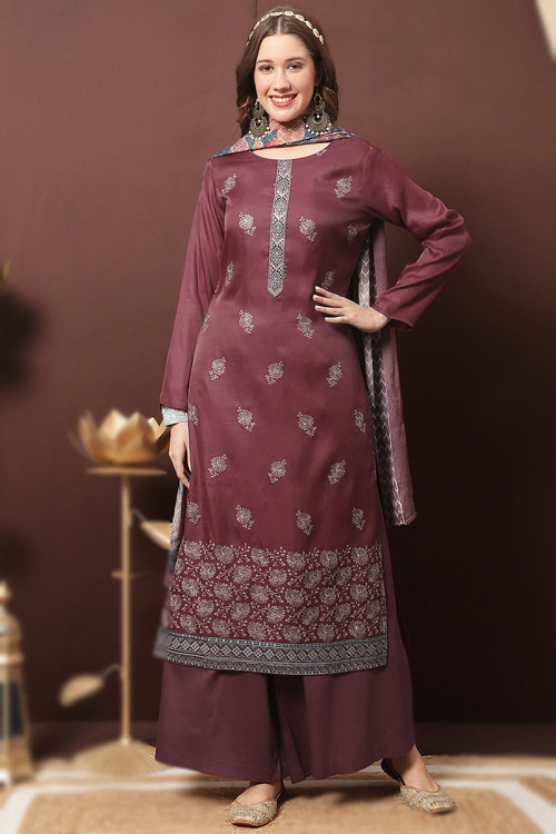 Mauve Taupe Embroidered Casual Wear Cotton Rayon Palazzo Suit 