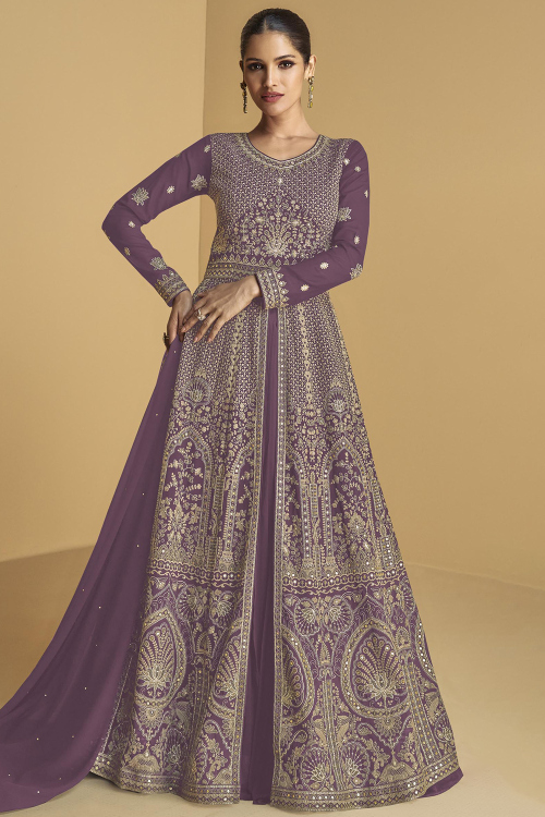 Mauve Taupe Georgette Embroidered Front Slit Anarkali Suit 