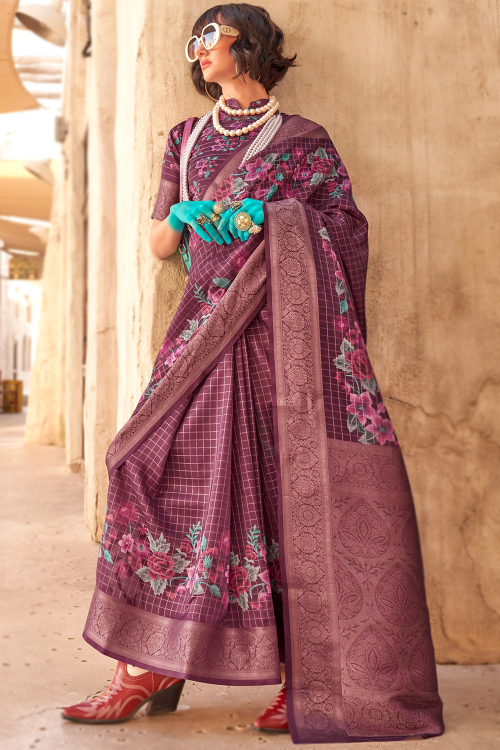 Mauve Taupe Georgette Printed Broad Border Saree