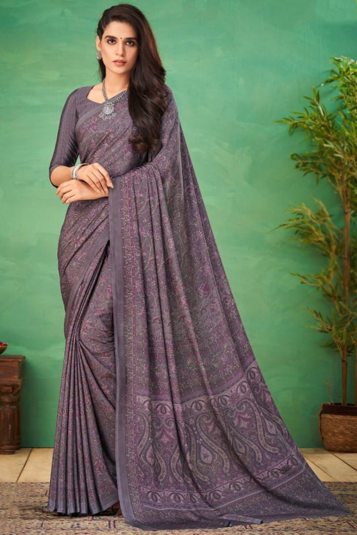 Mauve Taupe Mauve Crepe Printed Saree